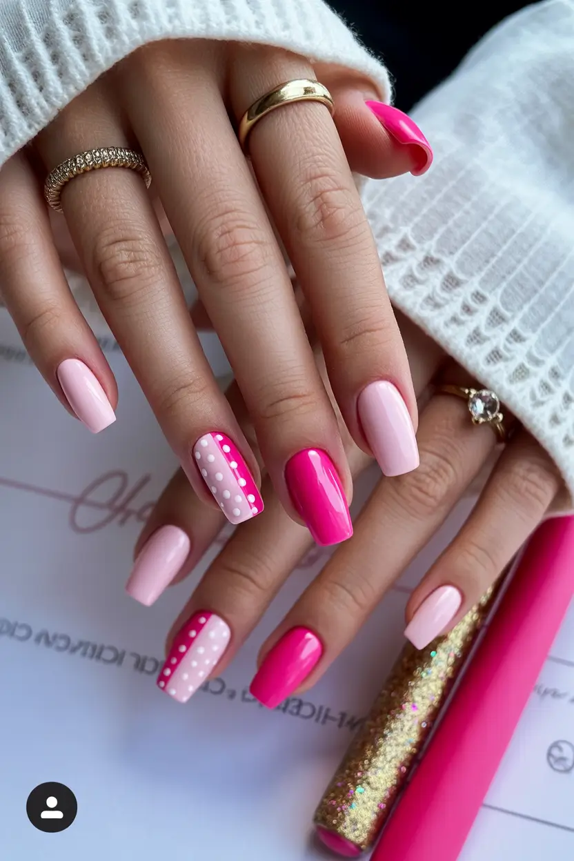 spring coffin nails 2026 Bright Pink Coffin Nails With Playful Polka Dot Design