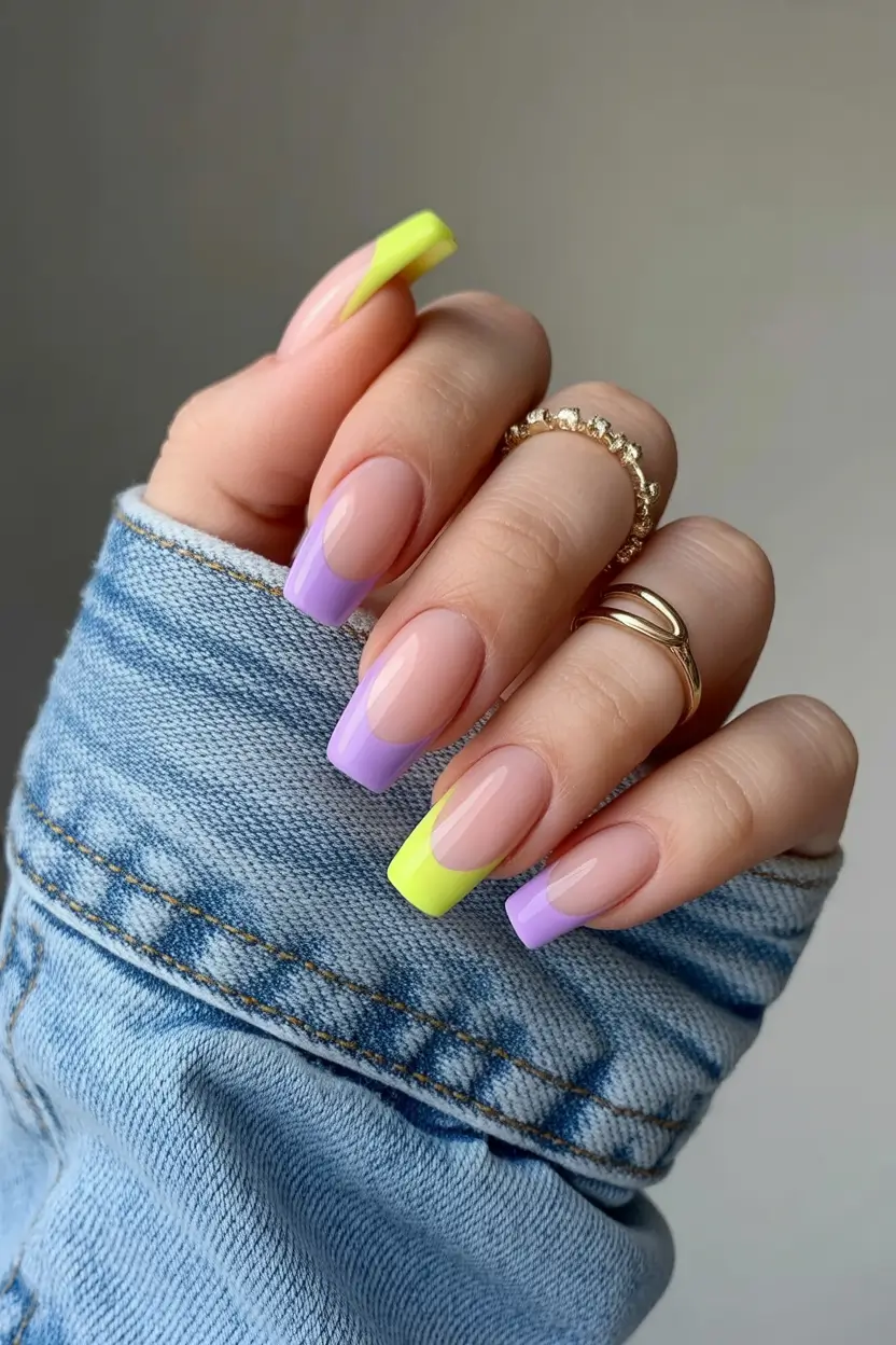 spring coffin nails 2026 Pastel French Coffin Nails With Neon Spring Tips