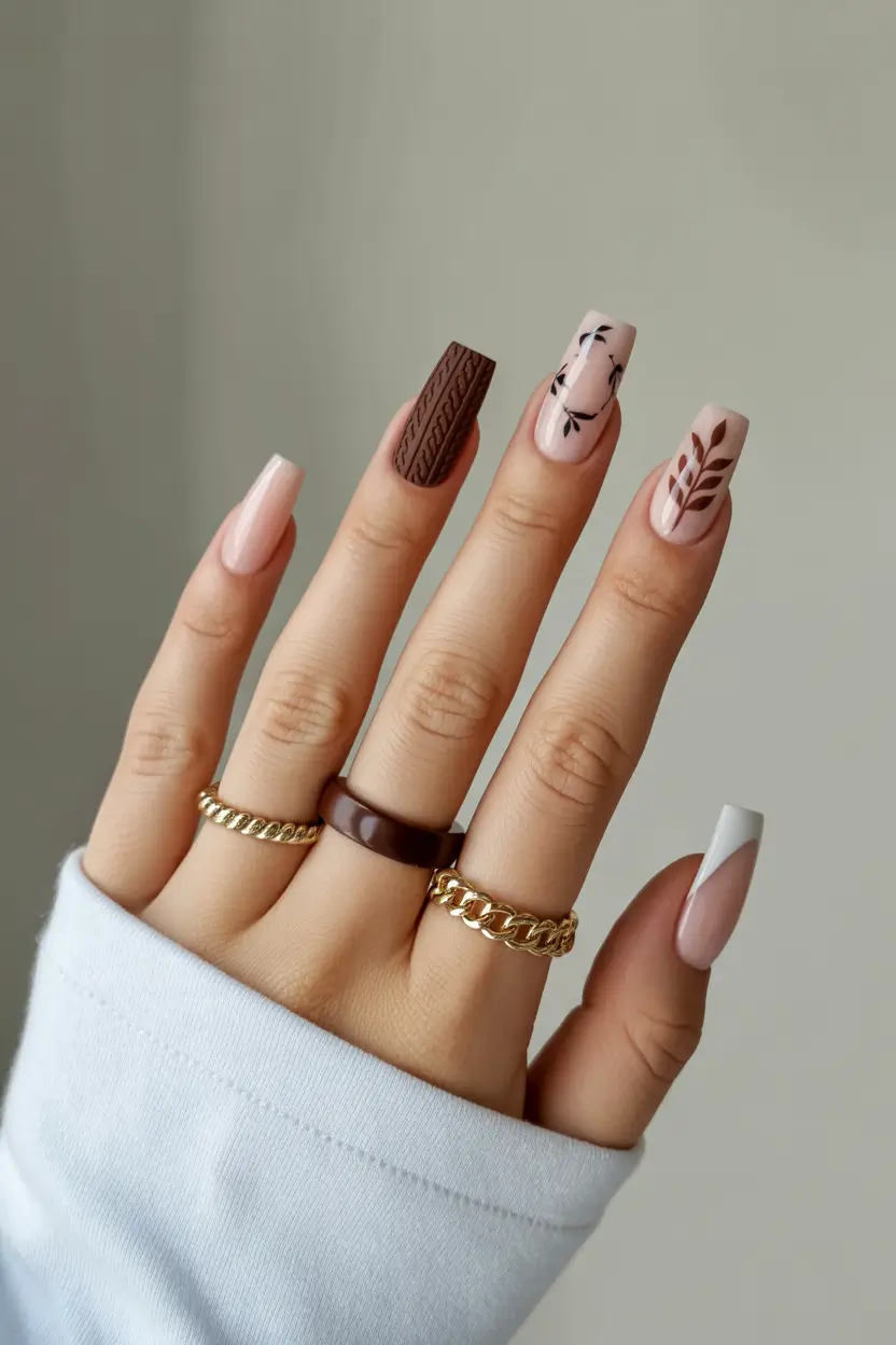 spring coffin nails 2026 Soft Mocha Minimalism with Botanical Accents