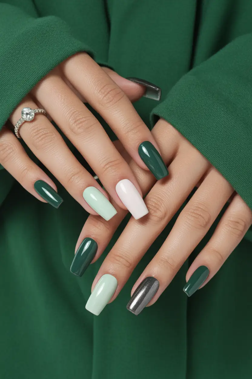 spring coffin nails 2026 Layered Emerald and Mint Color Play