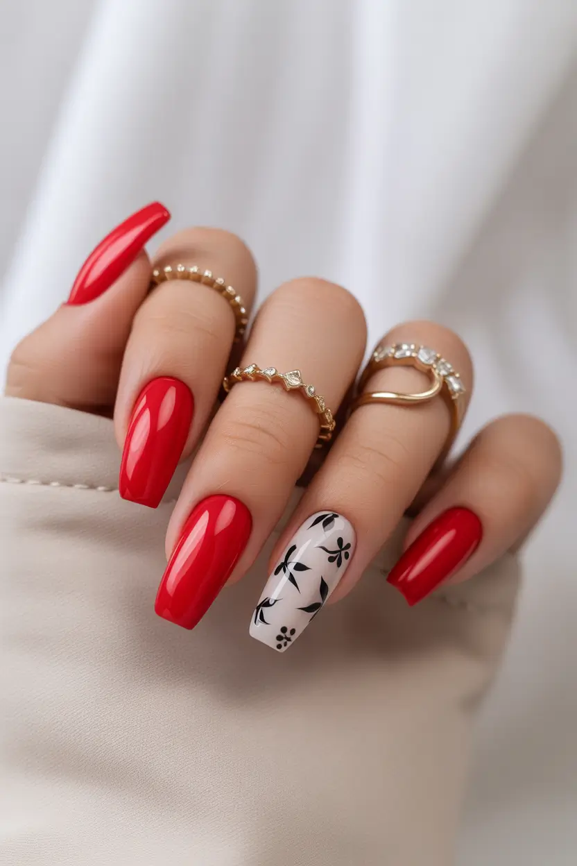 spring coffin nails 2026 Classic Red Coffin Nails with Modern Floral Contrast
