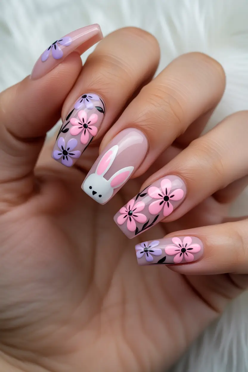 spring coffin nails 2026 Soft Pink Coffin Nails With Floral Accents and Playful Character Detail