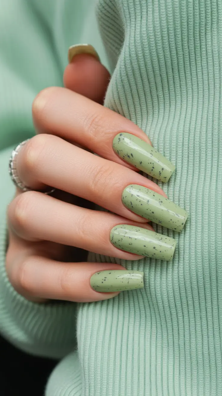 spring coffin nails 2026 Soft Pistachio Speckled Coffin Nails for a Natural Spring Mood