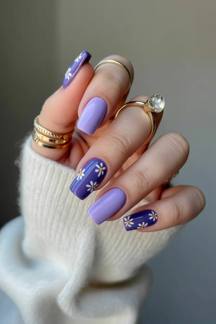 spring coffin nails 2026 Lavender Daisy Coffin Nails with Playful Spring Energy