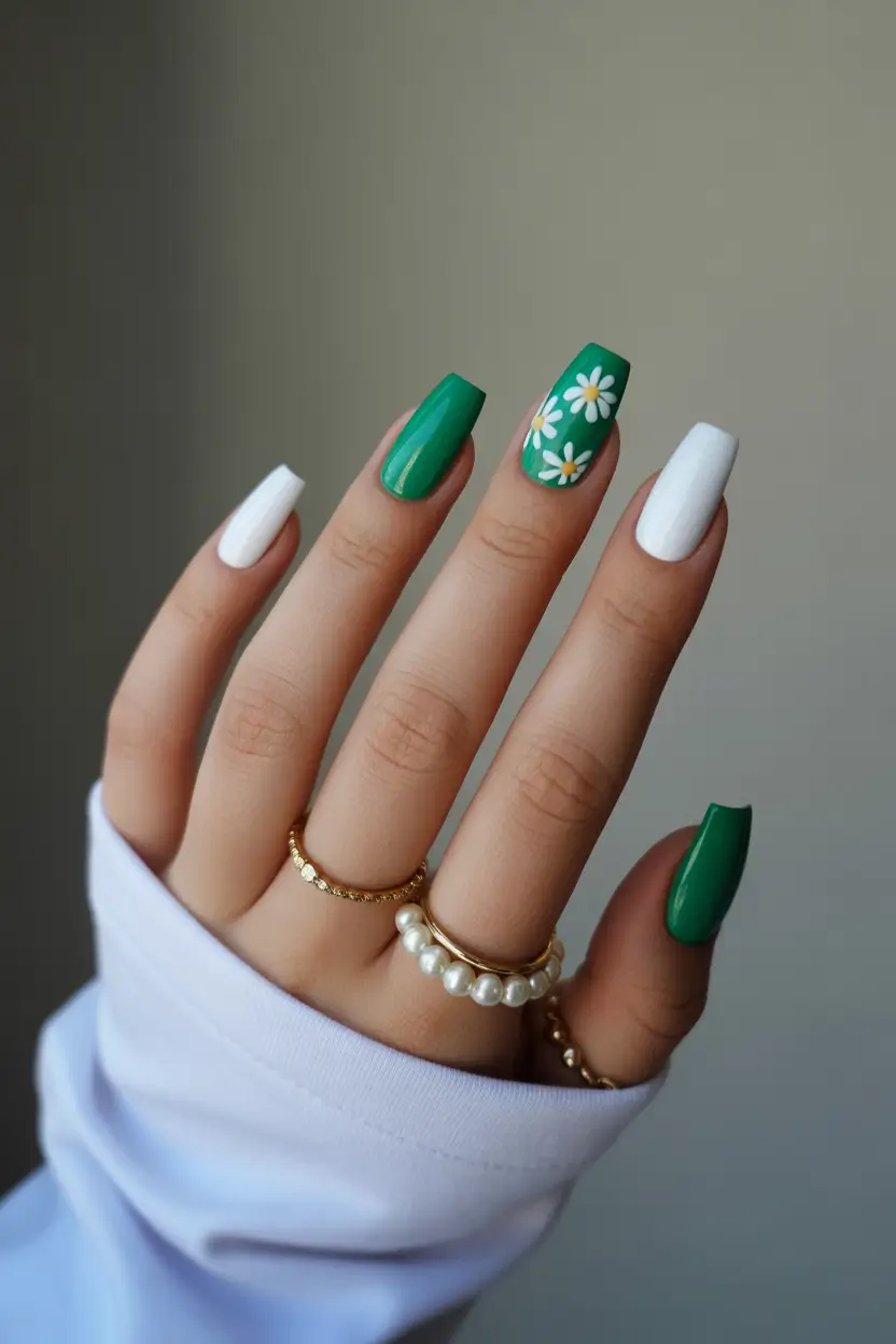 spring coffin nails 2026 Fresh Green and White Coffin Nails with Modern Floral Accents