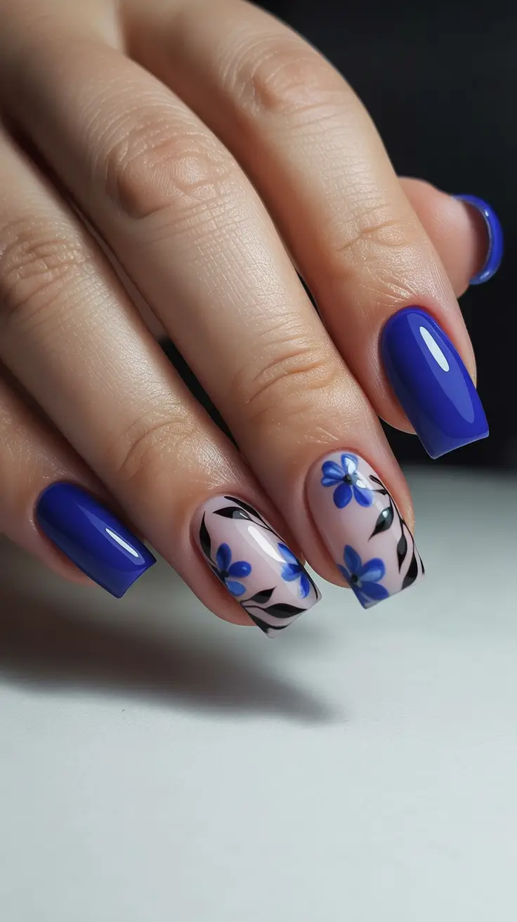 spring coffin nails 2026 Blue Coffin Nails With Minimal Floral Contrast