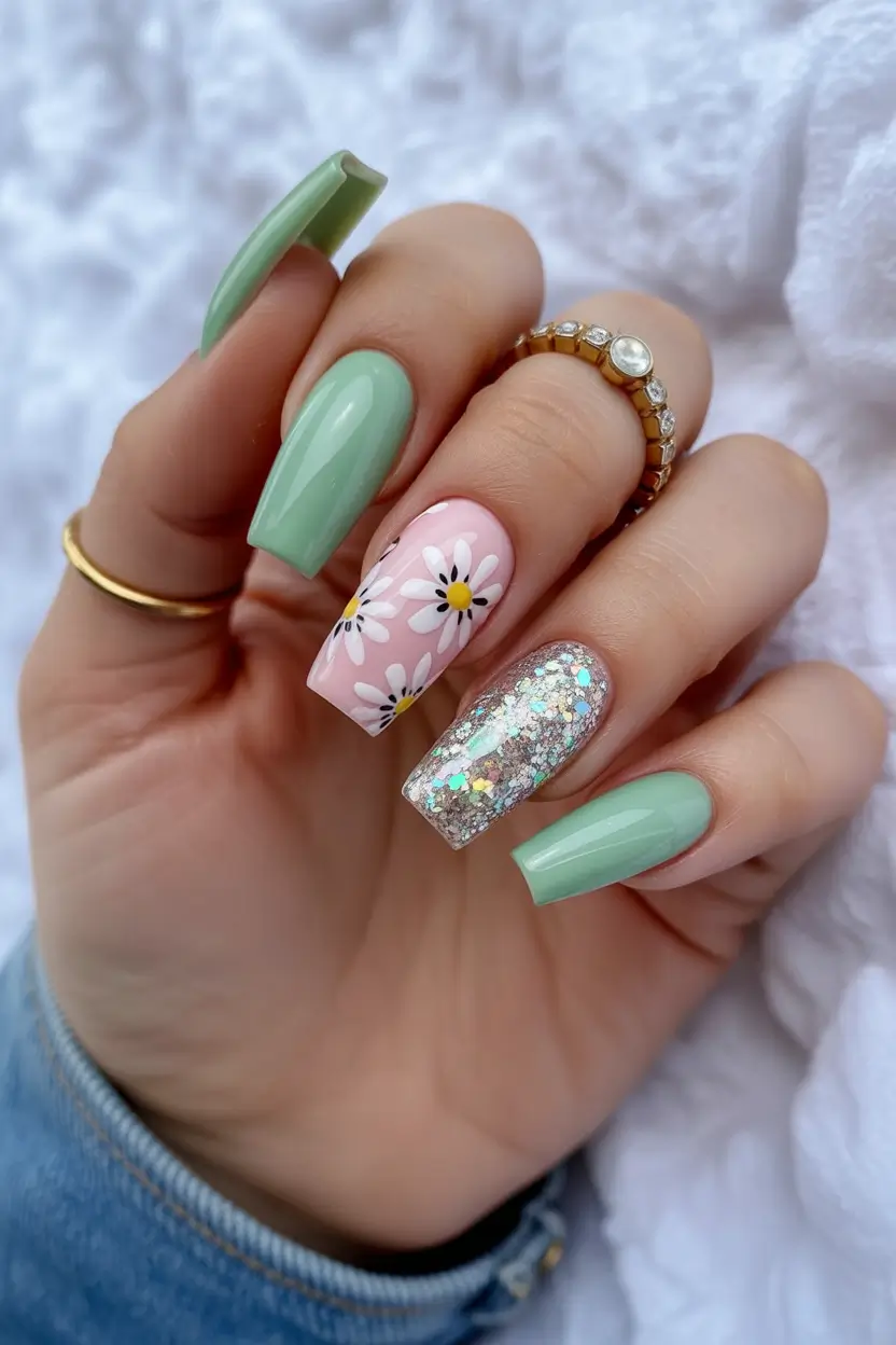 spring coffin nails 2026 Fresh Green Coffin Nails With Daisy Accents and Glitter Highlight