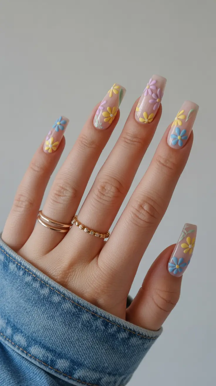 spring coffin nails 2026 Soft Pastel Coffin Nails With Retro Spring Flower Motifs