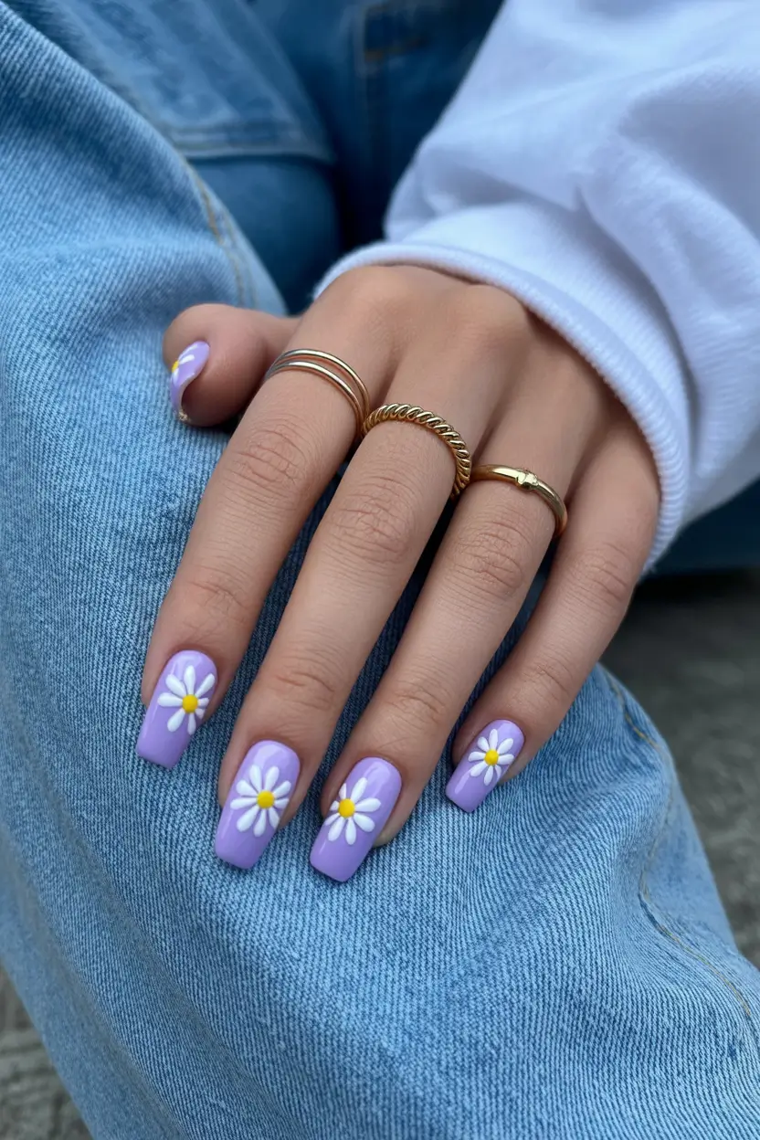 spring coffin nails 2026 Lavender Coffin Nails With Minimal Daisy Charm