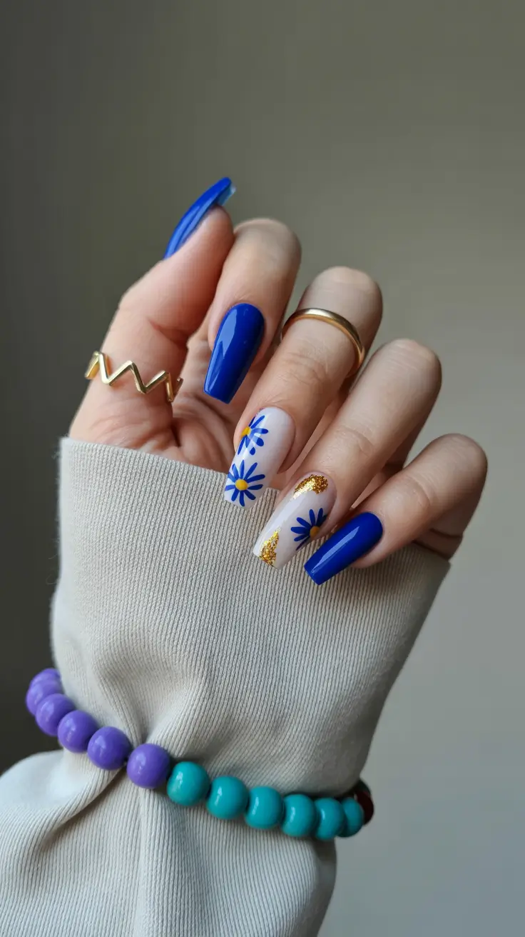 spring coffin nails 2026 Bold Blue Coffin Nails With Graphic Floral Accent