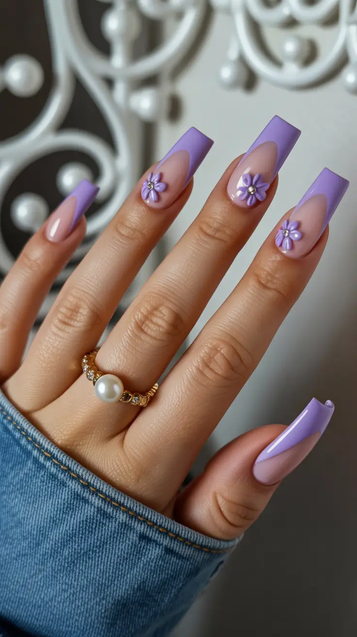 spring coffin nails 2026 Long Lavender Coffin Nails With Sculpted Floral Details