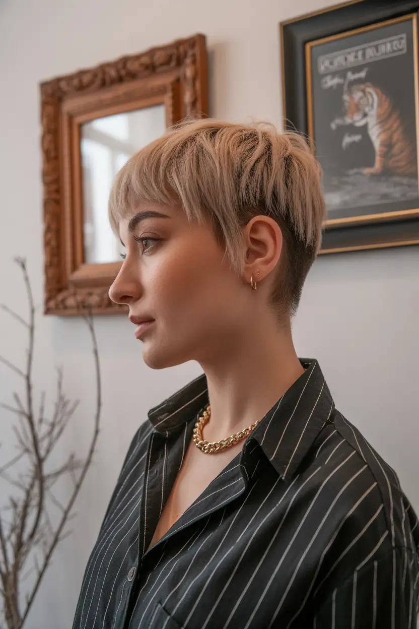 spring dark blonde hair color 2026 Textured Pixie with Beige Blonde Dimension