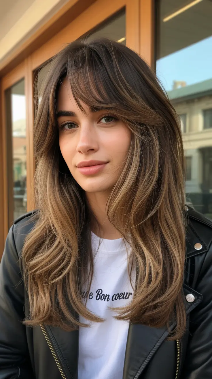 spring haircut inspiration 2026 Feathered Brunette Long Layers