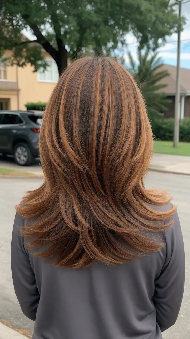 spring haircut inspiration 2026 Feathered Mid Length Layers with Soft Caramel Dimension