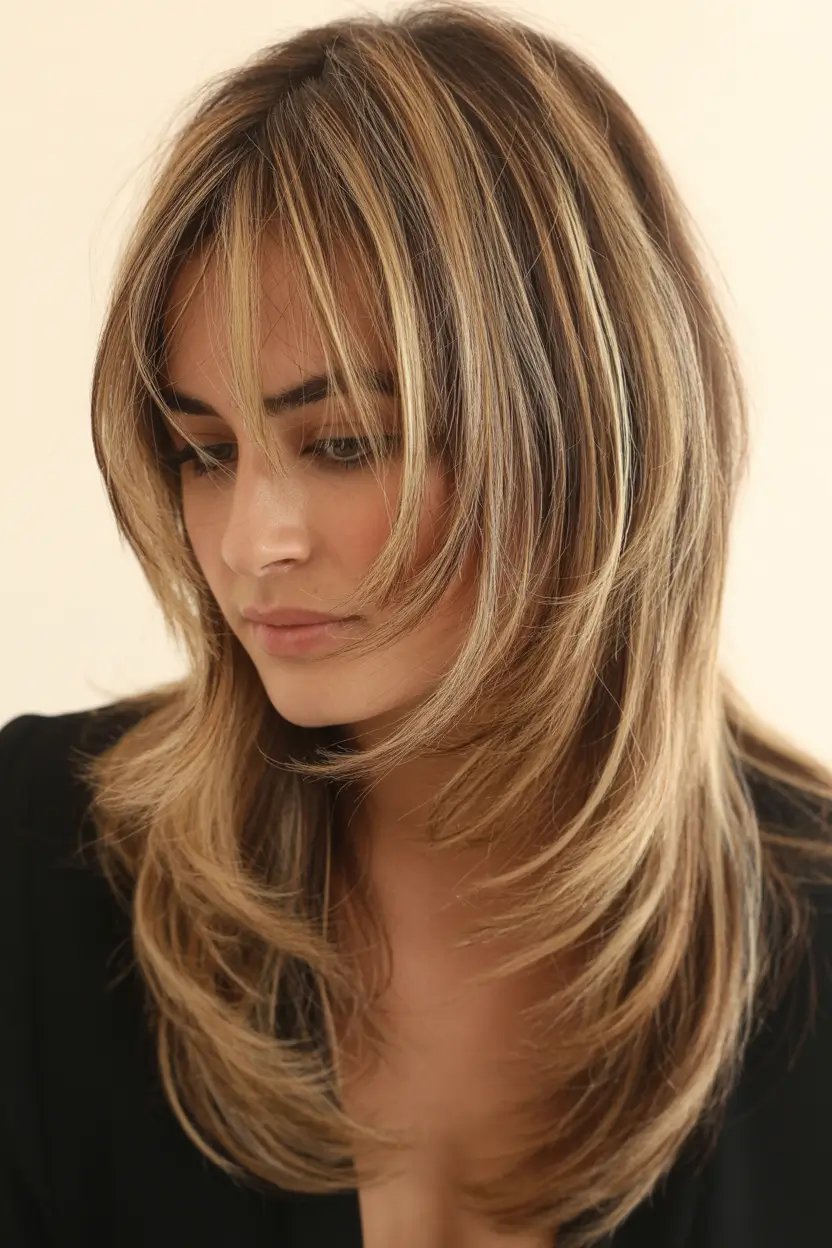 spring haircut inspiration 2026 Butterfly Mid Length Layers with Face Framing Bangs