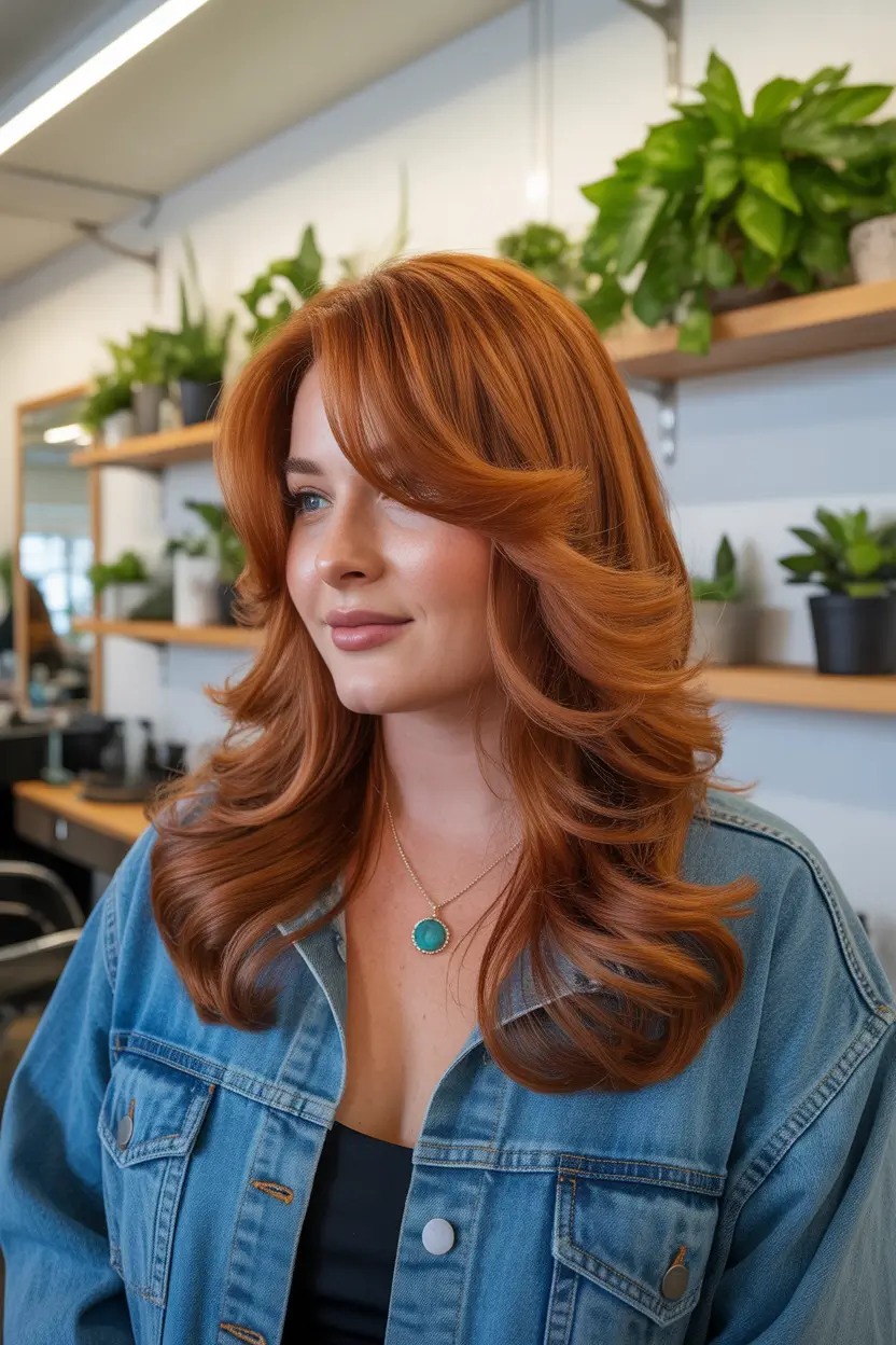 Spring Haircuts for Plus Size Women 2026 Soft Auburn Layered Blowout