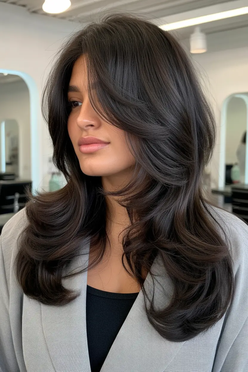 Spring Haircuts for Plus Size Women 2026 Voluminous Dark Layered Glam