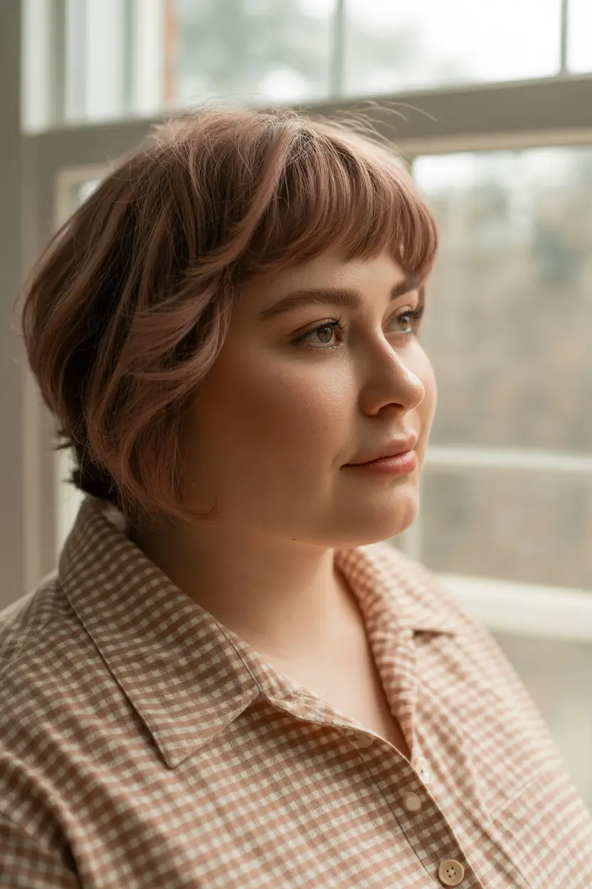 Spring Haircuts for Plus Size Women 2026 Soft Rose Layered Bob with Gentle Fringe