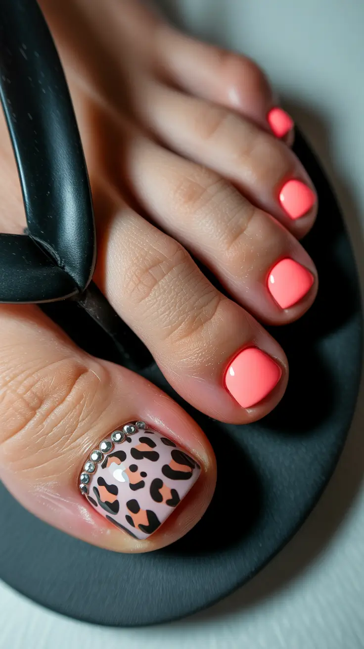 spring toe nails 2026 Playful Pink with Leopard Accent Energy