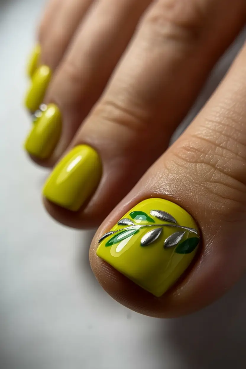 spring toe nails 2026 Sunny Yellow Botanical Accent for Fresh Seasonal Glow