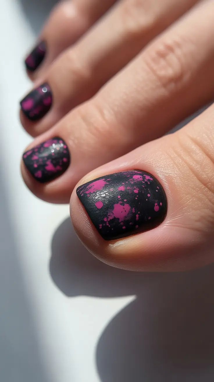 spring toe nails 2026 Matte Black with Pink Splash Statement
