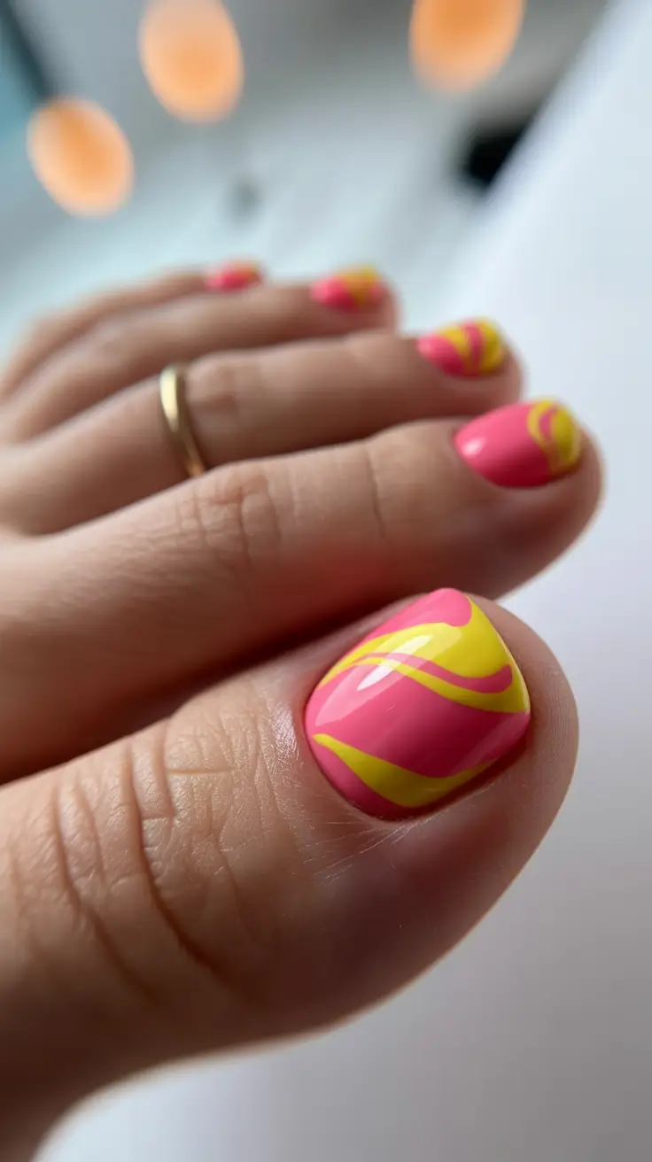spring toe nails 2026 Playful Pink and Yellow Swirl Energy