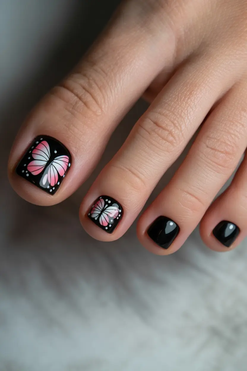spring toe nails 2026 Butterfly Accent on Classic Black Pedicure