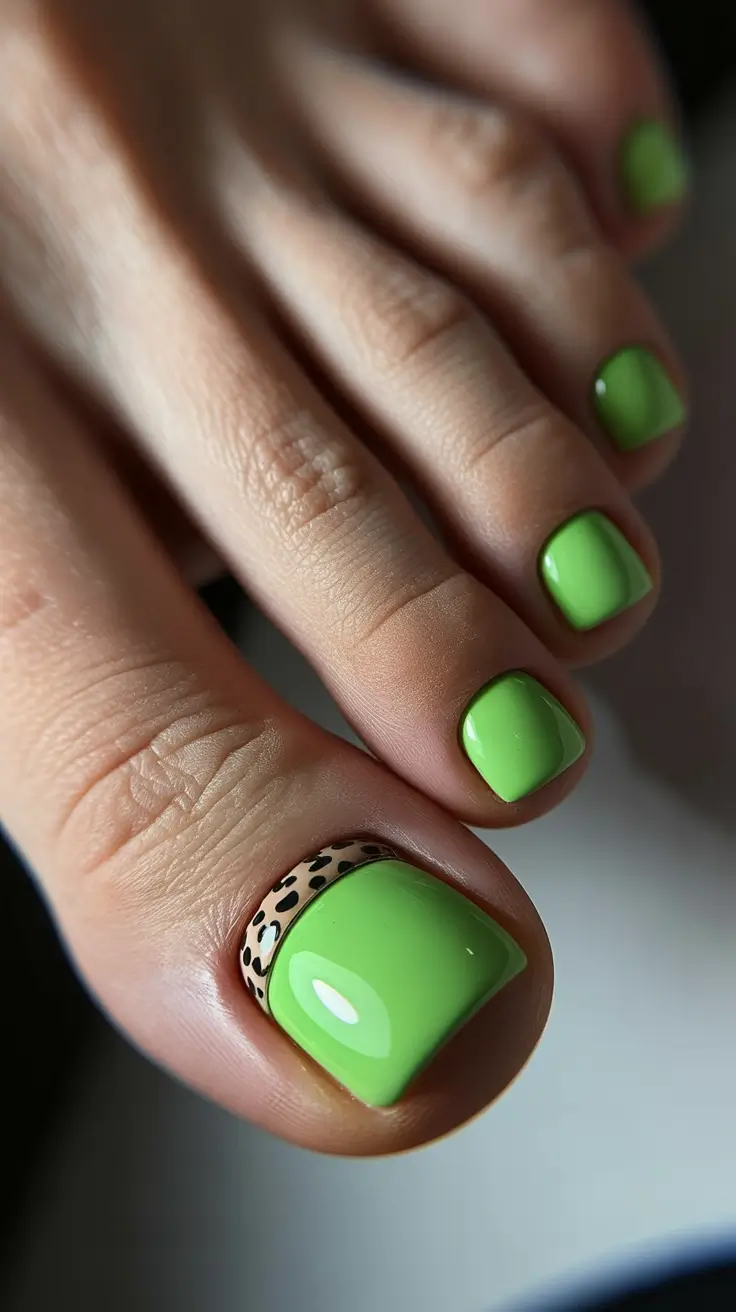 spring toe nails 2026 Fresh Green Pedicure With Subtle Animal Accent