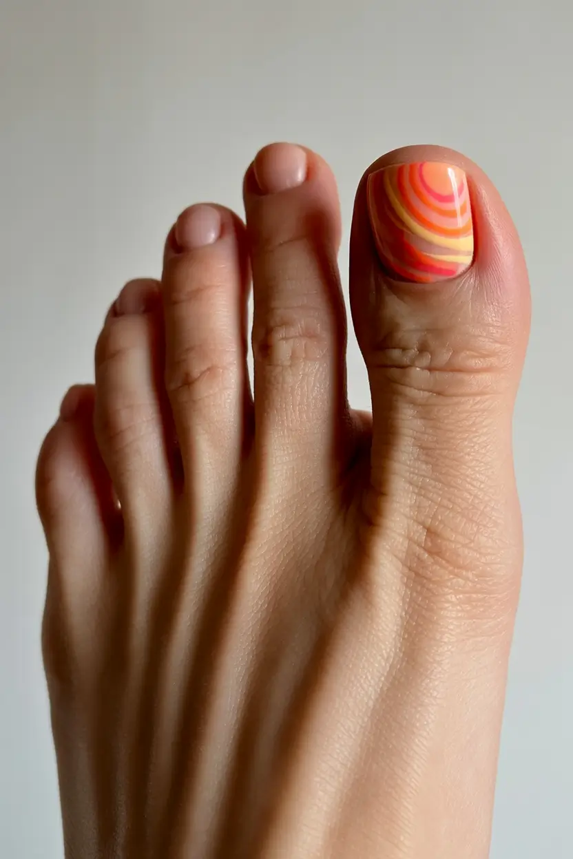 spring toe nails 2026 Retro Sunset Swirl Accent Pedicure