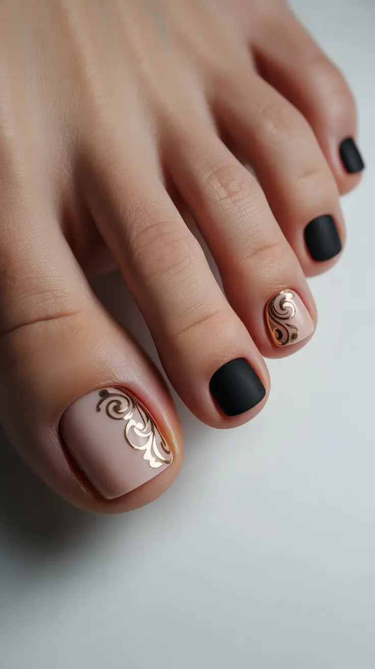 spring toe nails 2026 Matte Black and Nude Scrollwork Elegance