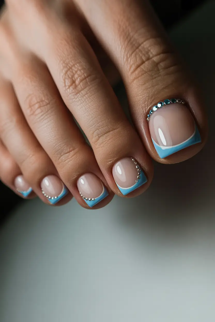 spring toe nails 2026 Sky Blue Micro French with Crystal Detail