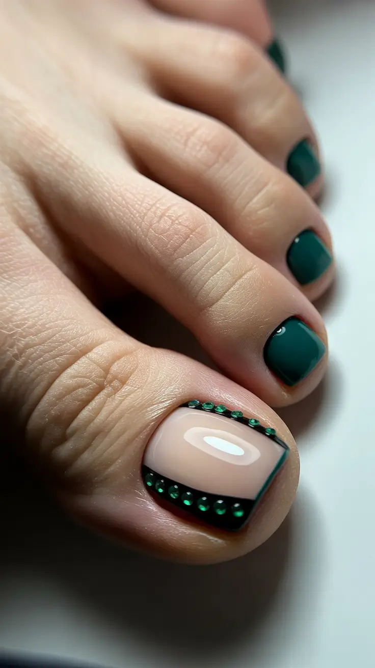 spring toe nails 2026 Deep Green Gloss with Jewel-Framed Accent
