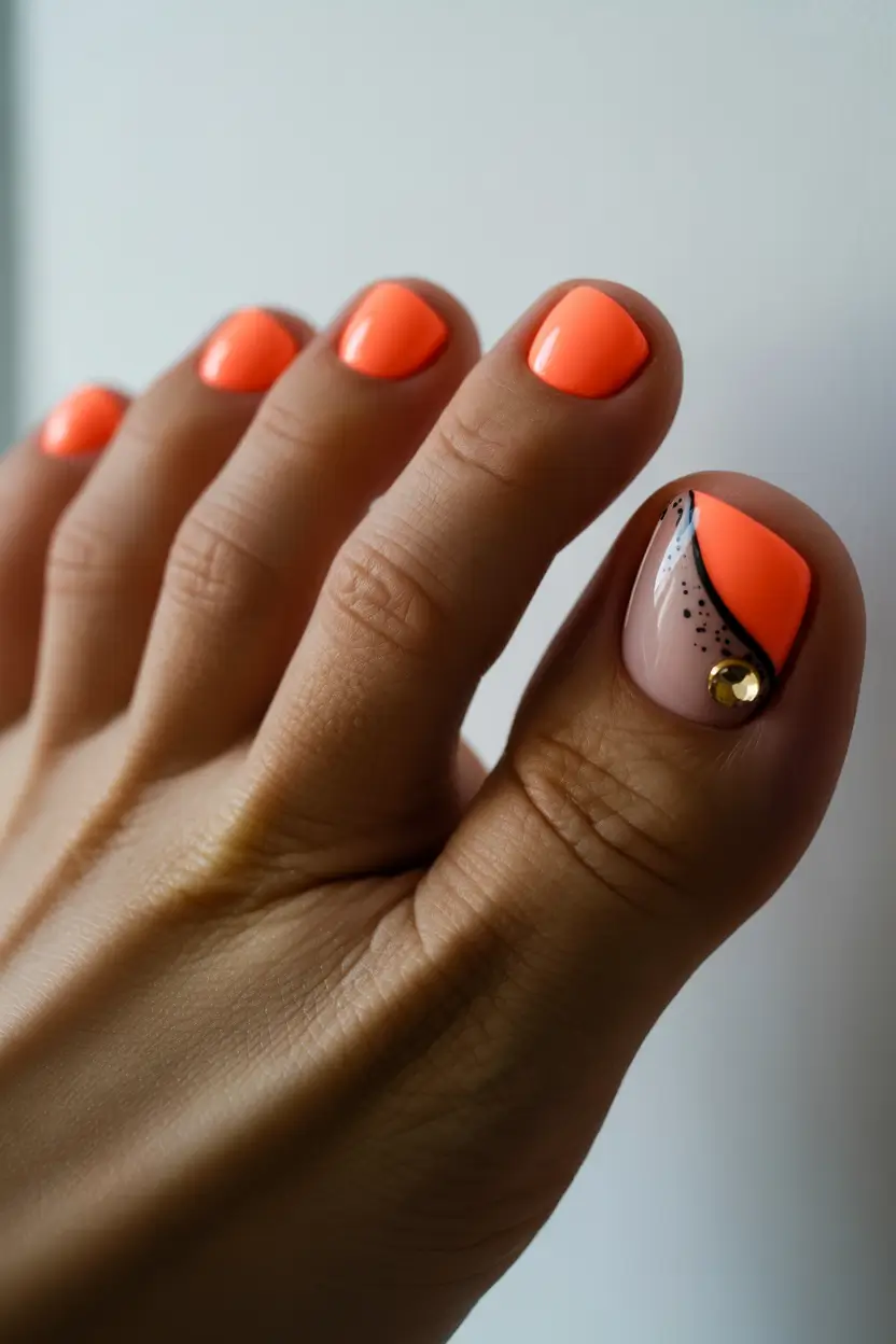 spring toe nails 2026 Bright Coral Accent with Modern Curve Detail