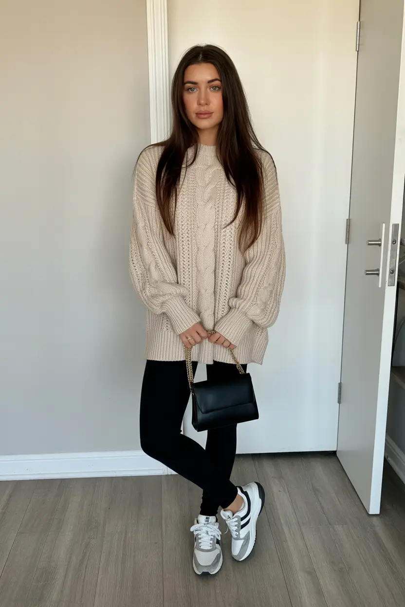 leggings outfit spring 2026 Black Leggings and Brown Knit for Comfy Chic Days