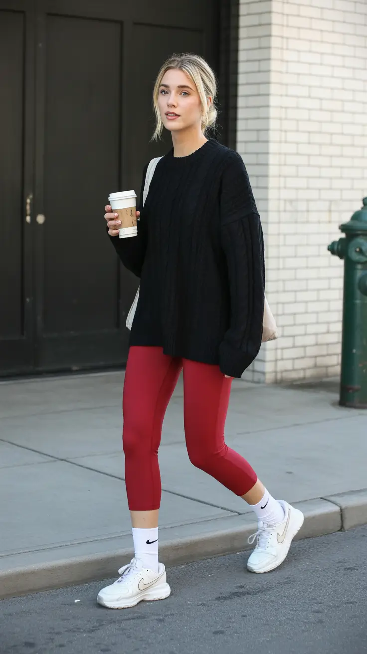 leggings outfit spring 2026 Red Leggings With an Oversized Black Sweater