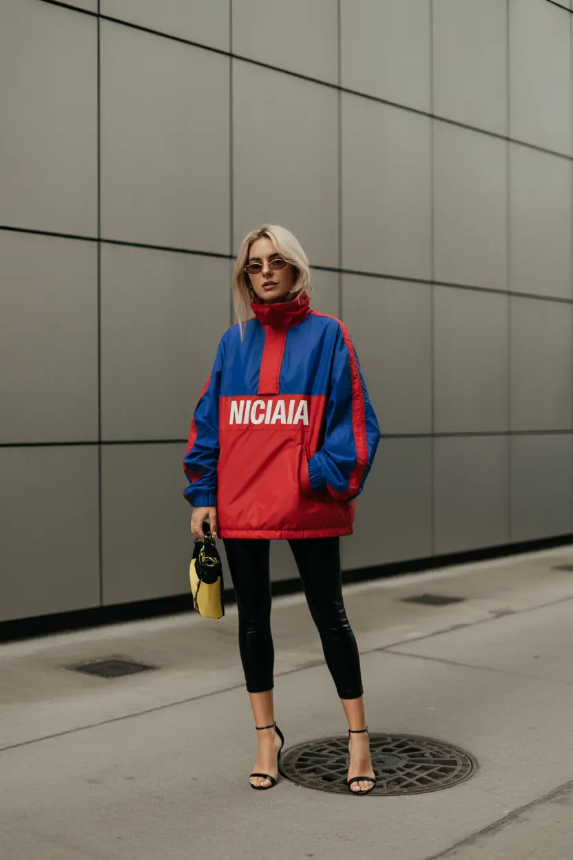 leggings outfit spring 2026 Faux Leather Leggings With a Sporty Windbreaker Twist