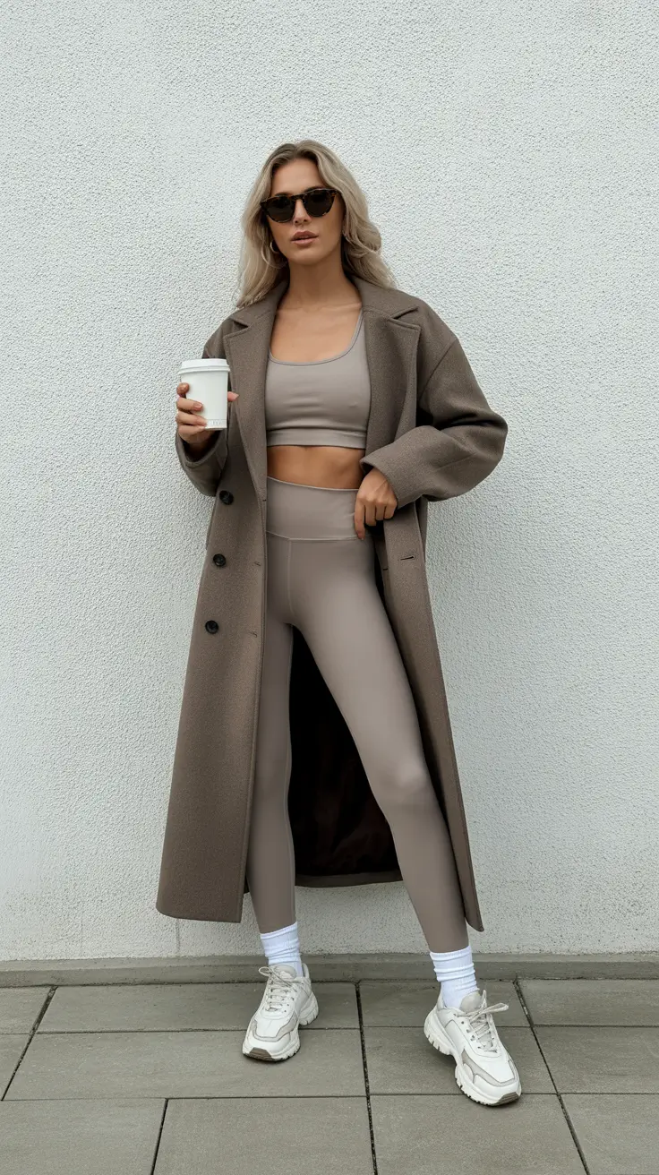 leggings outfit spring 2026 Elevated Taupe Set With Long Coat Drama