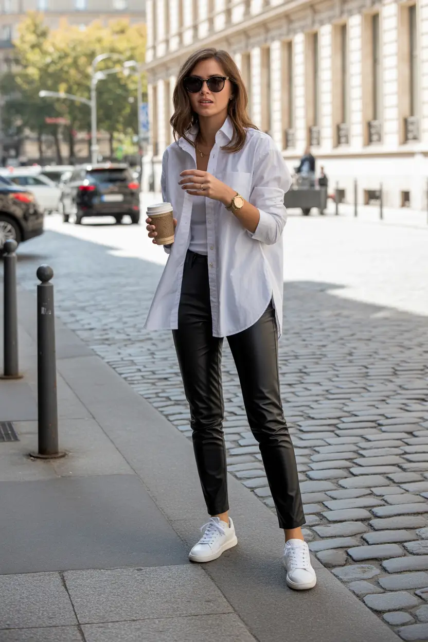 leggings outfit spring 2026 White Shirt and Faux Leather Confidence