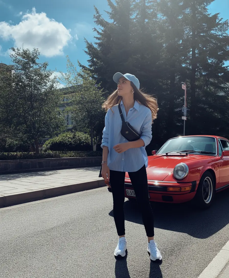 leggings outfit spring 2026 Blue Shirt Energy With Casual Black Leggings