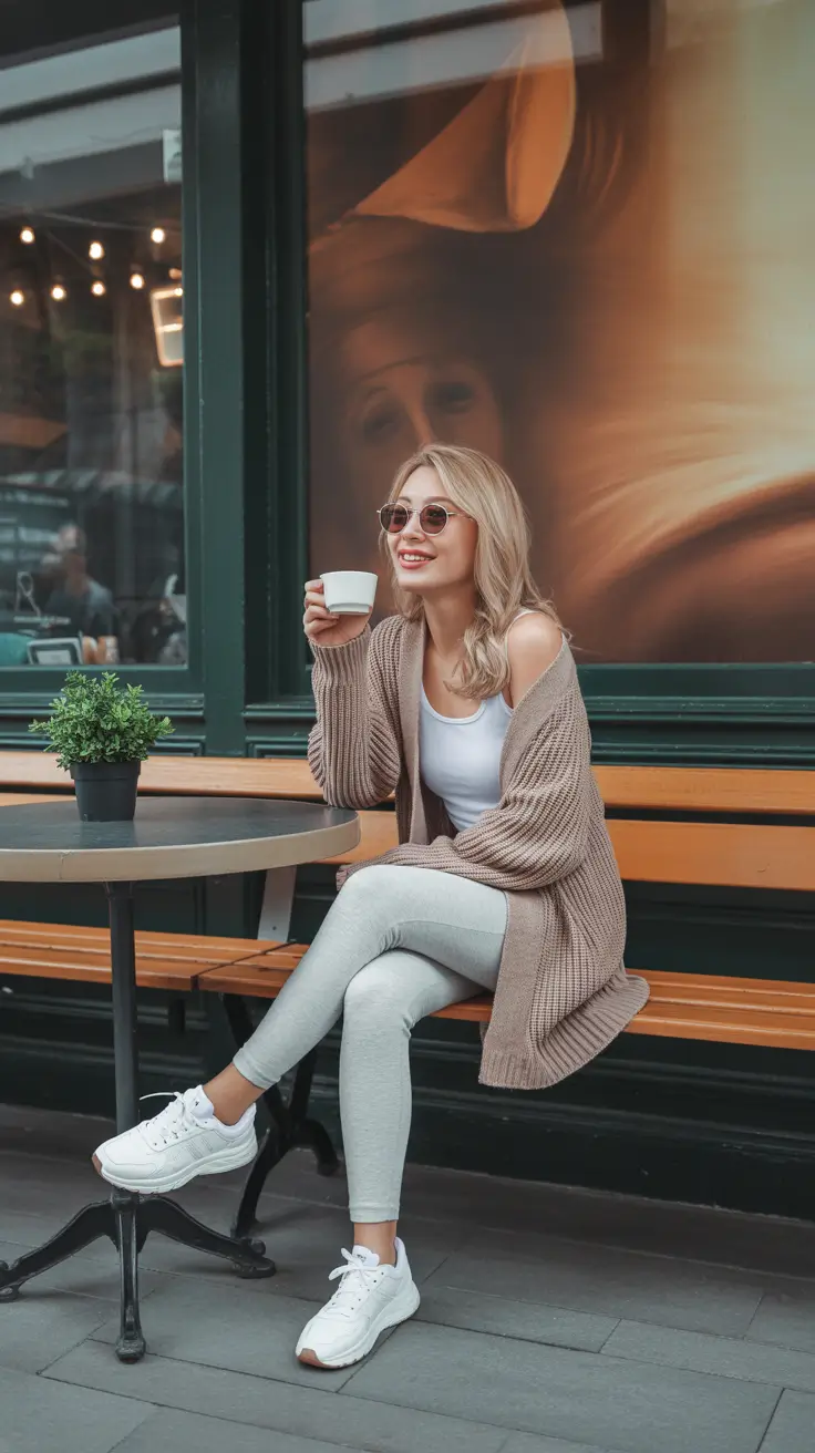 leggings outfit spring 2026 Grey Leggings and Coffee Date Comfort