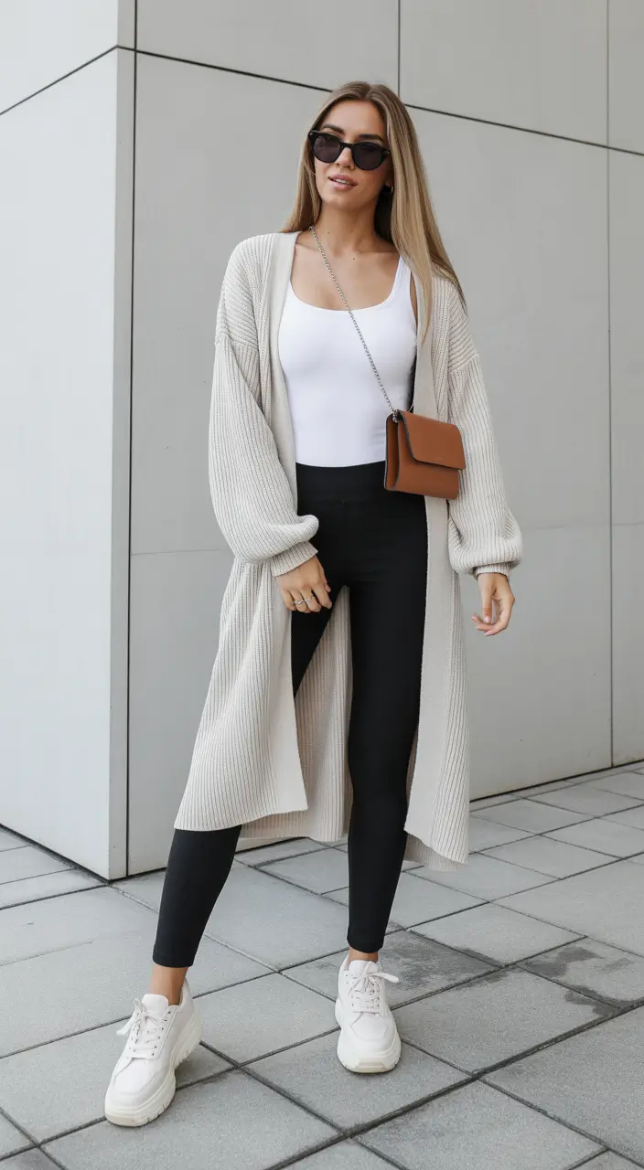 leggings outfit spring 2026 Long Cardigan and Black Leggings That Feel Elevated