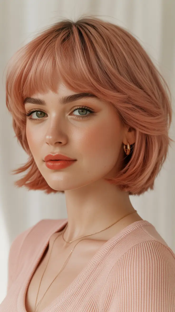 spring bob haircut 2026 Peachy Layered Bob With Micro Fringe