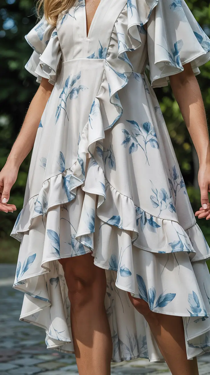spring dress outfits 2026 White Ruffles and Blue Florals for Romantic Days