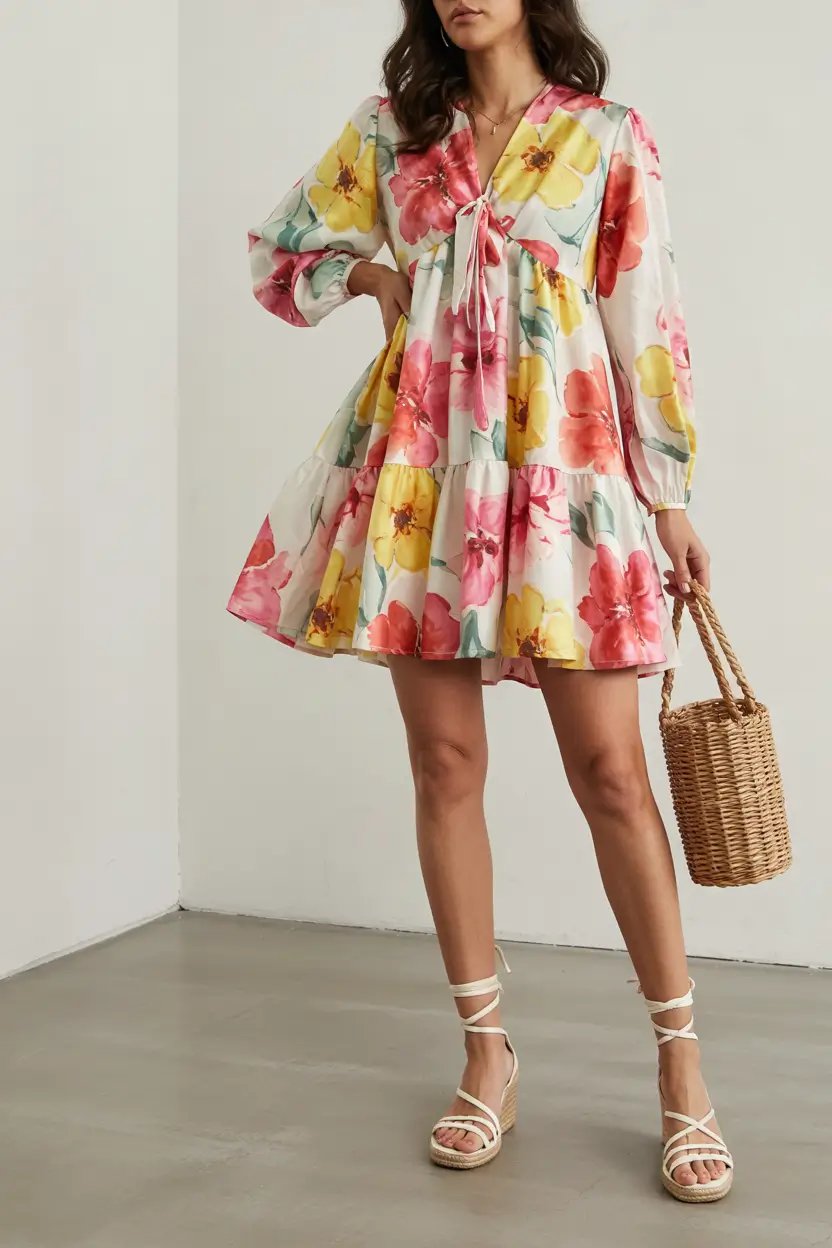 spring dress outfits 2026 Yellow and Pink Floral Mini for Weekend Mood