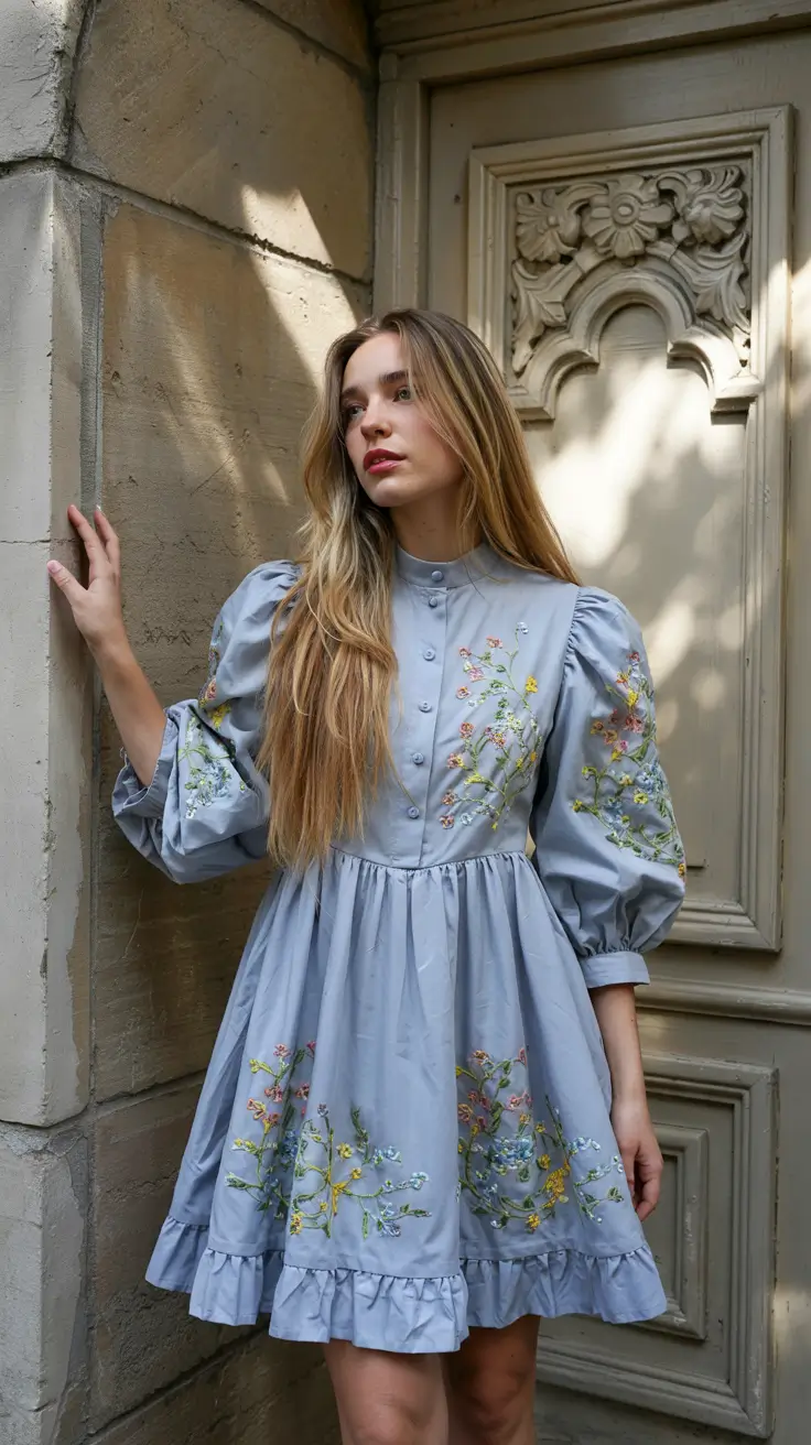 spring dress outfits 2026 Cold Blue Embroidered Dress for Early Spring