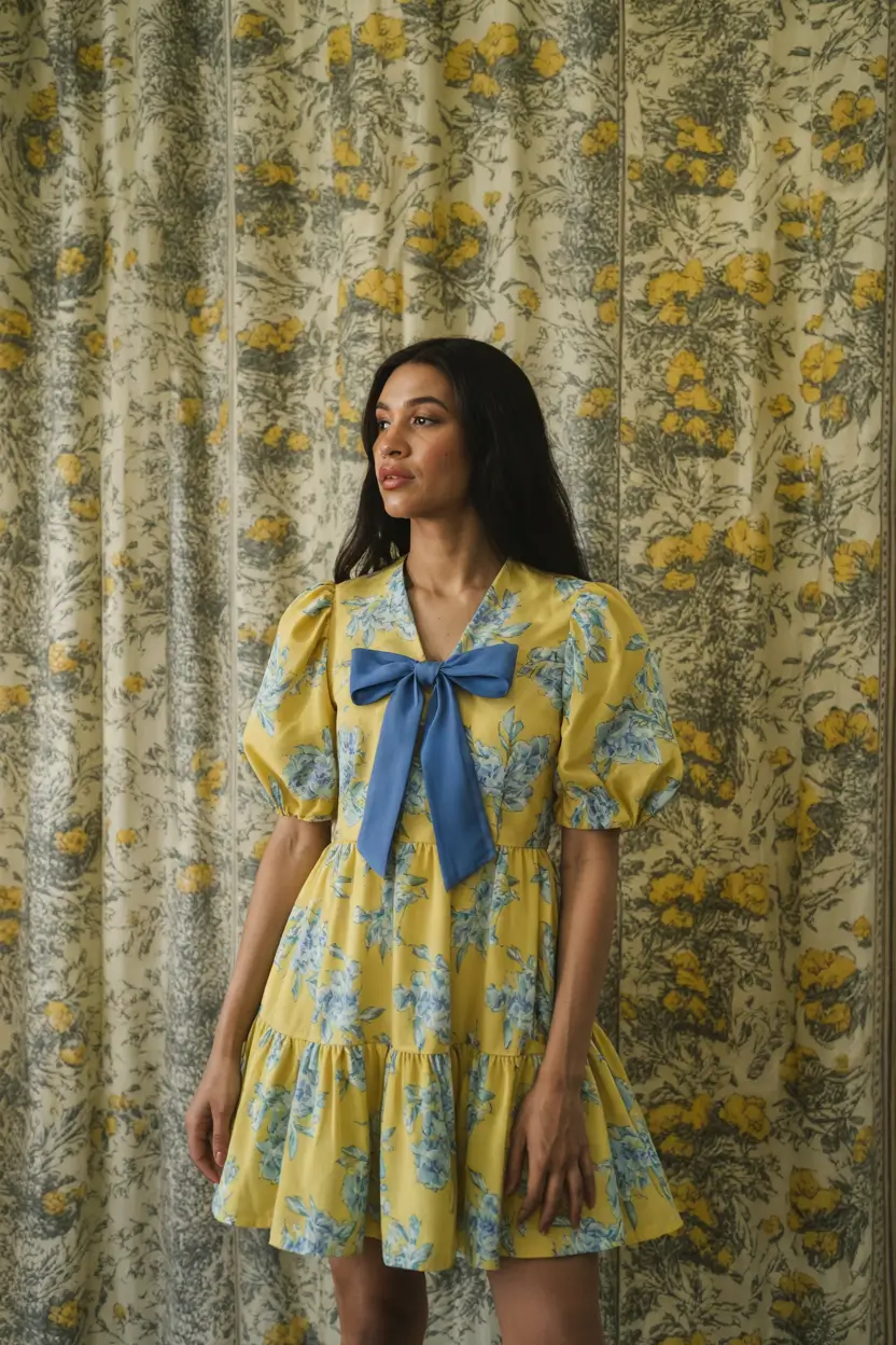 spring dress outfits 2026 Greenish Yellow Dress with Blue Bow Charm
