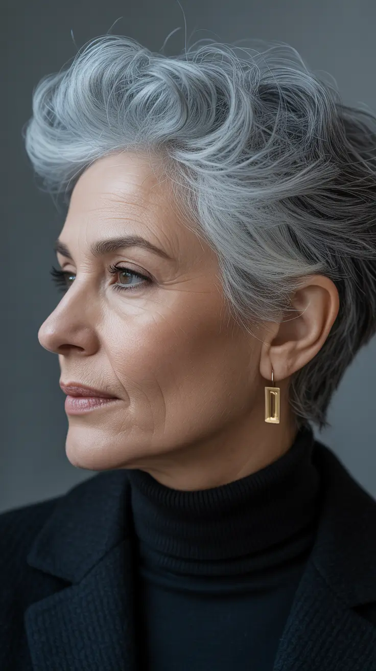 spring Haircuts for Women Over 60 2026 Silver Short Pixie With Lifted Crown