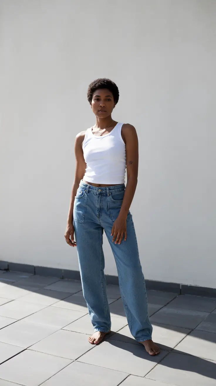 spring jeans outfit 2026 Minimal White Tank and Relaxed Denim
