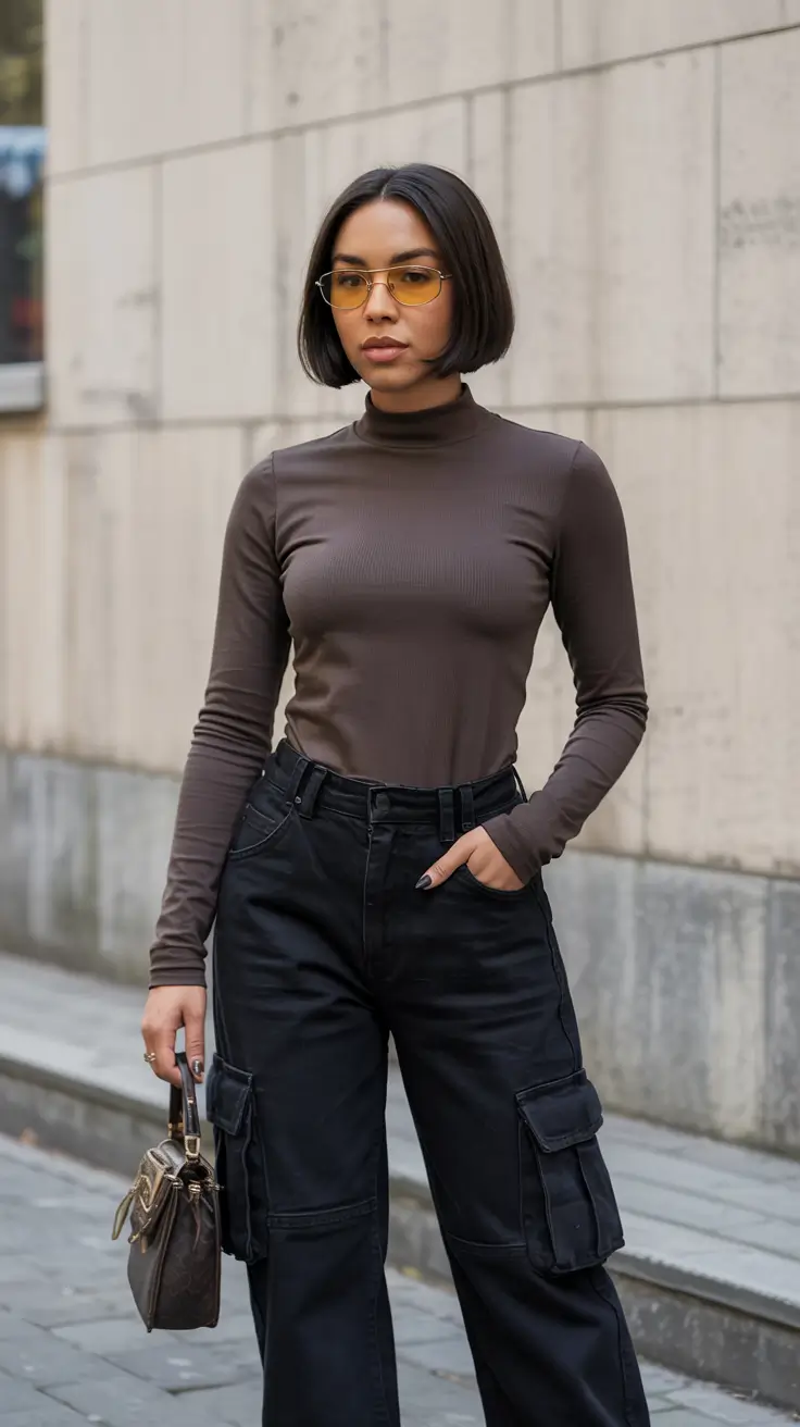 spring jeans outfit 2026 Brown Turtleneck and Cargo Jeans