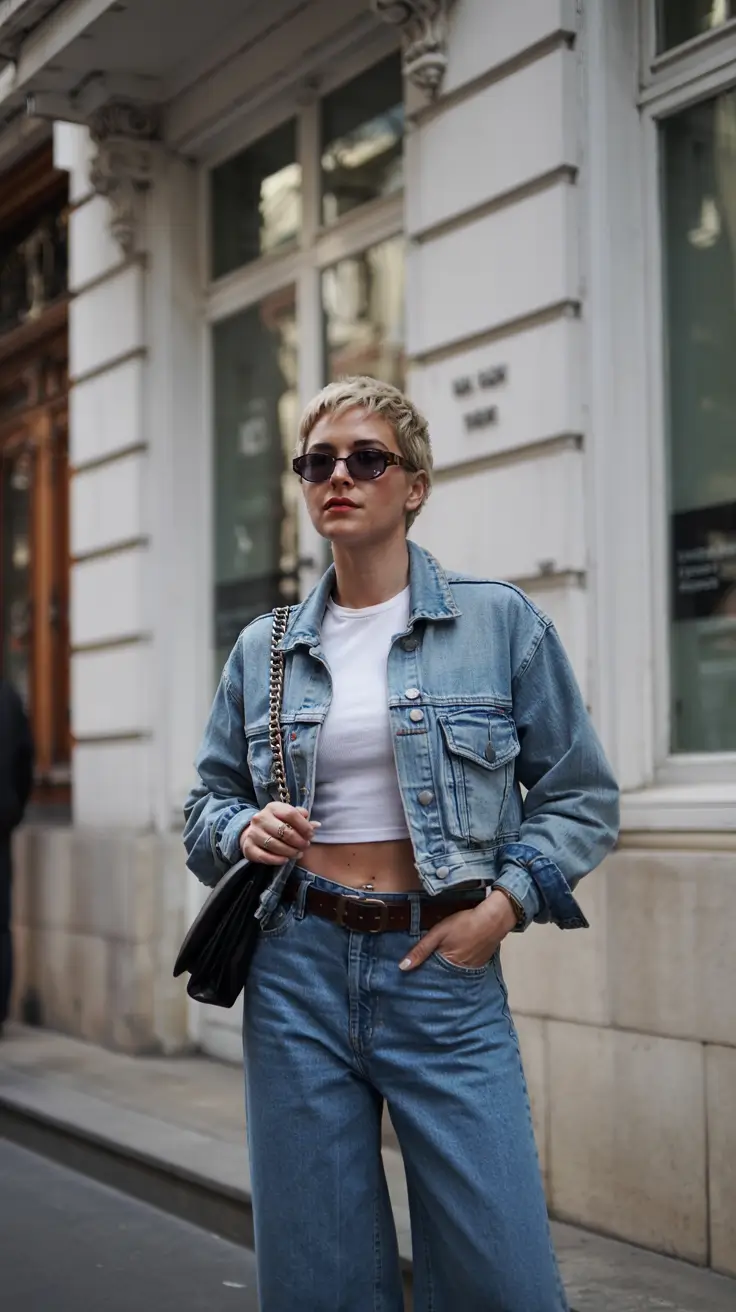 spring jeans outfit 2026 Denim Jacket and White Crop Top